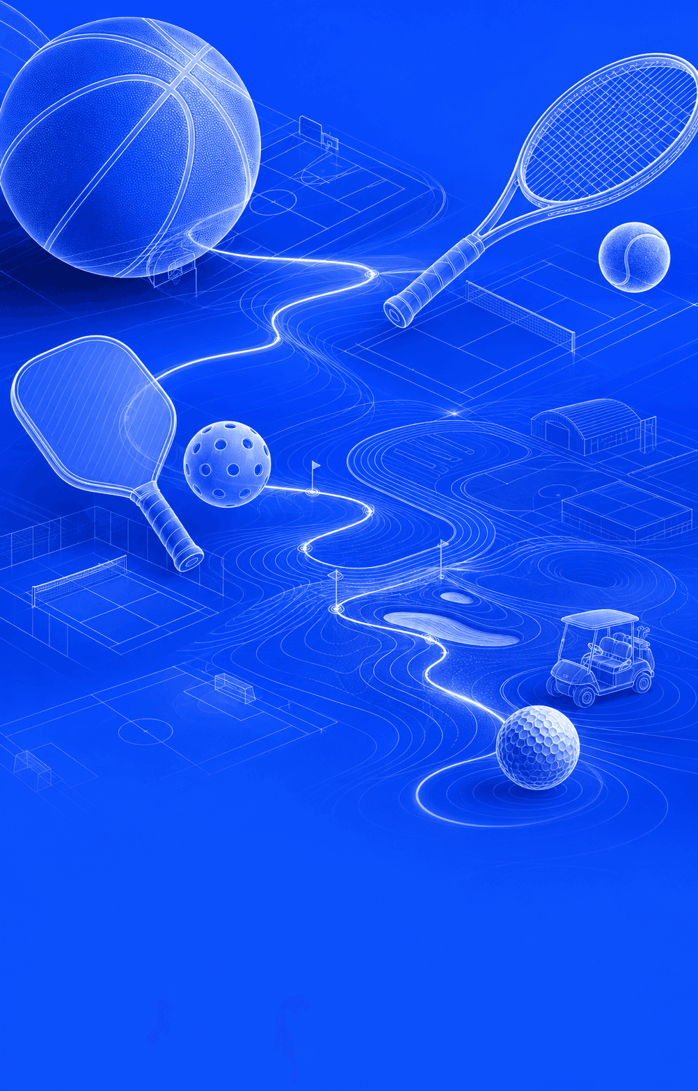 Connected contours representing basketball, tennis, pickleball, running, golf, and local sports facilities